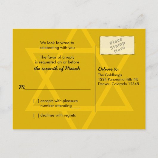 Zwart en Goud Bar Mitswa RSVP Uitnodiging Briefkaart (Achterkant)