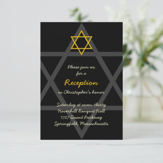 Zwart en Goud Bar Mitzvah Receptie Insert Kaart (Staand voorkant)