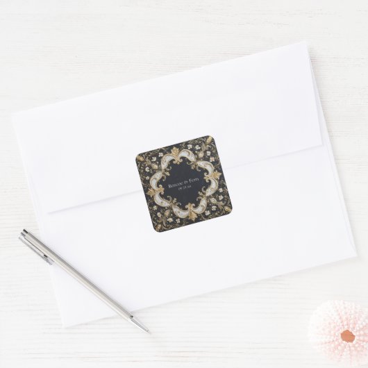 Zwart en Goud Barok Bloemen Huwelijk Sticker (Envelop)