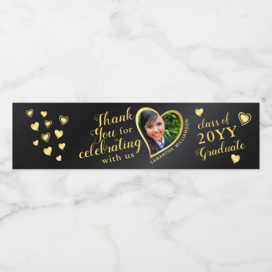 Zwart en Goud Bedankt Foto 2025 Afstuderen Waterfles Etiket (Enkel label)