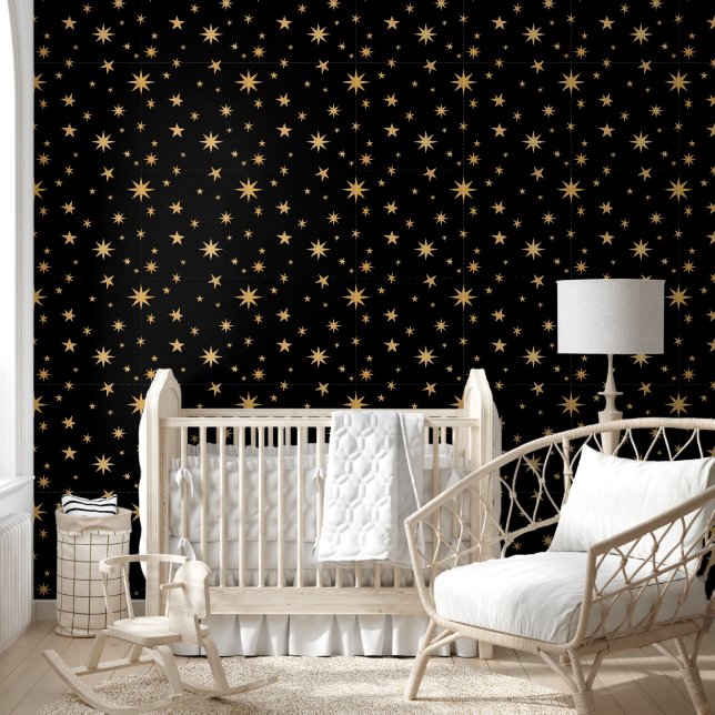 Zwart en Goud Behang - Sterrenpatroon (Kinderen)
