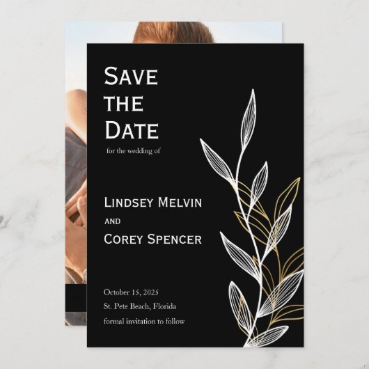 Zwart en Goud Blad Bruiloft Save the Date Kaart (Voorkant / Achterkant)