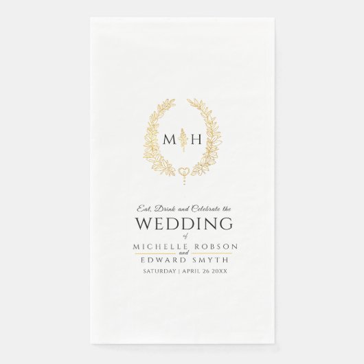 Zwart en goud blad ovale krans art bruiloft servet (Voorkant)