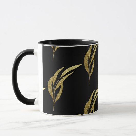 Zwart en Goud Blad Patroon Koffie Mok (Links)