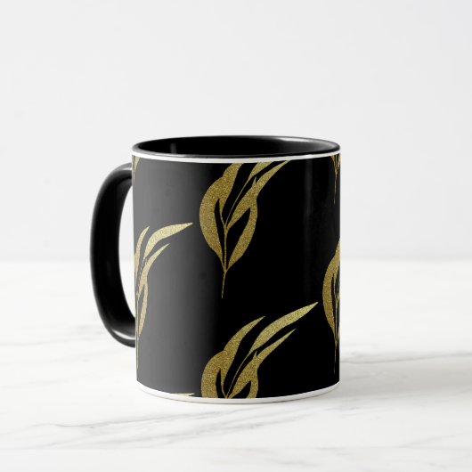 Zwart en Goud Blad Patroon Koffie Mok (Voorkant links)