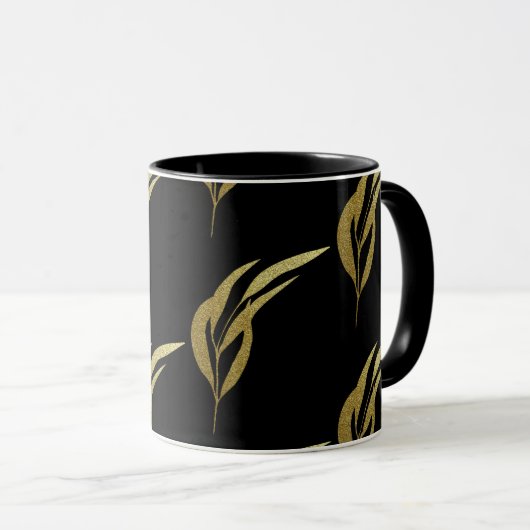 Zwart en Goud Blad Patroon Koffie Mok (Voorkant rechts)