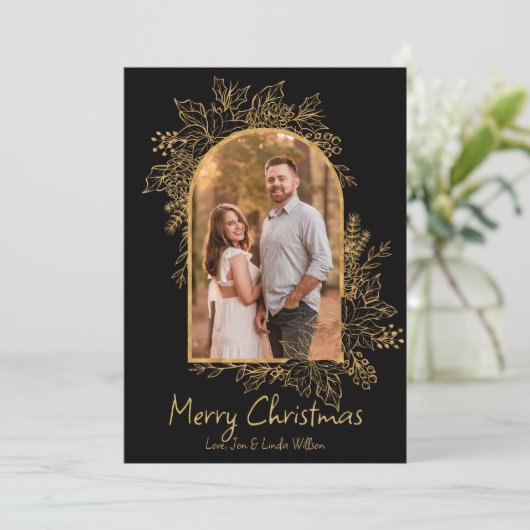 Zwart en Goud Bladerdak Arch Kerst Kaart (Staand voorkant)