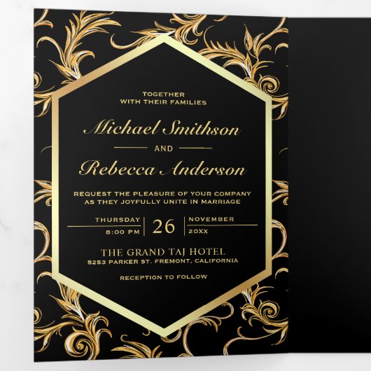 Zwart en goud bloeien wervelen bruiloft foto drieluik uitnodiging (Binnenzijde eerst)