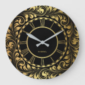 Zwart en goud bloemblaadjes Elegant patroon Grote Klok (Voorkant)