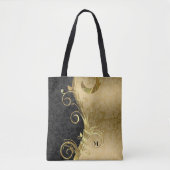 Zwart en goud bloemdamast en gouden werveling tote bag (Voorkant)