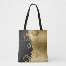 Zwart en goud bloemdamast en gouden werveling tote bag
