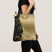 Zwart en goud bloemdamast en gouden werveling tote bag (Dichtbij)