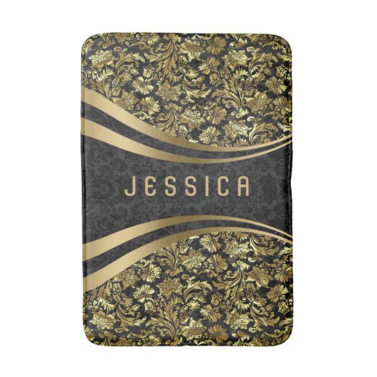Zwart en goud bloemdamast patroon 2b badmat (Voorkant Verticaal)