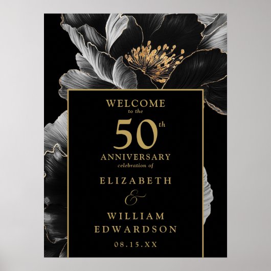 Zwart en Goud Bloemen 50e Jubileum Teken Poster (Voorkant)