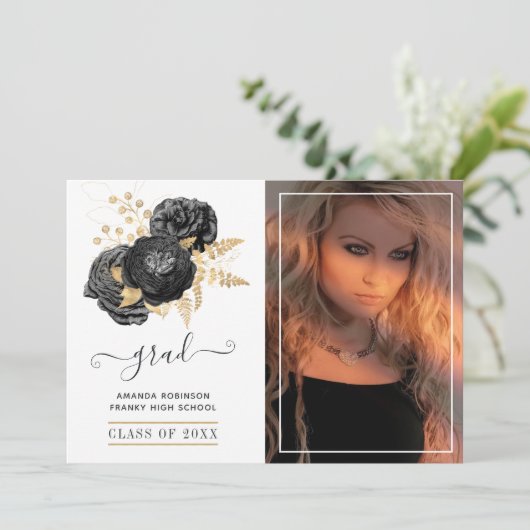 Zwart en Goud Bloemen Afstuderen Foto Aankondiging (Staand voorkant)