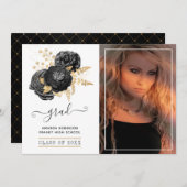 Zwart en Goud Bloemen Afstuderen Foto Aankondiging (Voorkant / Achterkant)