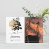 Zwart en Goud Bloemen Afstuderen Foto Aankondiging (Staand voorkant)