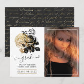 Zwart en Goud Bloemen Afstuderen Foto Aankondiging (Voorkant / Achterkant)