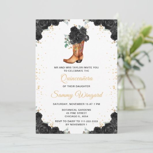 Zwart en Goud Bloemen Cowboy Boot Quinceañera Kaart (Staand voorkant)