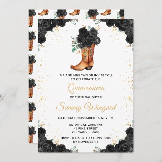 Zwart en Goud Bloemen Cowboy Boot Quinceañera Kaart (Voorkant / Achterkant)