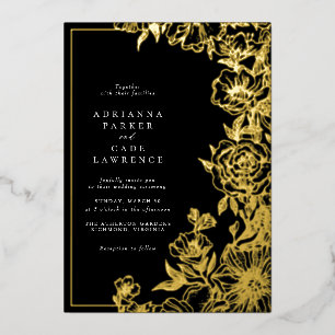 Zwart en Goud Bloemen Formele humeurige bruiloft Folie Uitnodiging