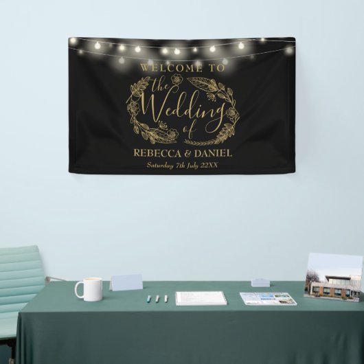 Zwart en Goud Bloemen Garland Script Bruiloft Spandoek (Beurs)