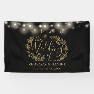 Zwart en Goud Bloemen Garland Script Bruiloft Spandoek