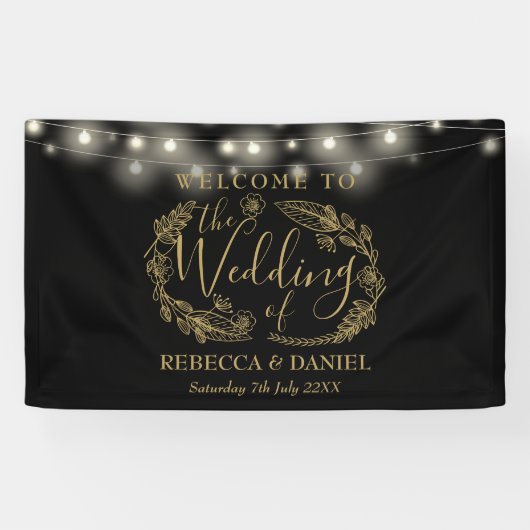 Zwart en Goud Bloemen Garland Script Bruiloft Spandoek (Horizontaal)