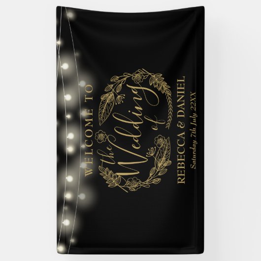 Zwart en Goud Bloemen Garland Script Bruiloft Spandoek (Verticaal)