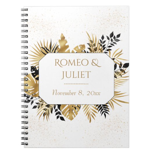 Zwart en Goud Bloemen Glitter Bruiloft Notitieboek (Voorkant)