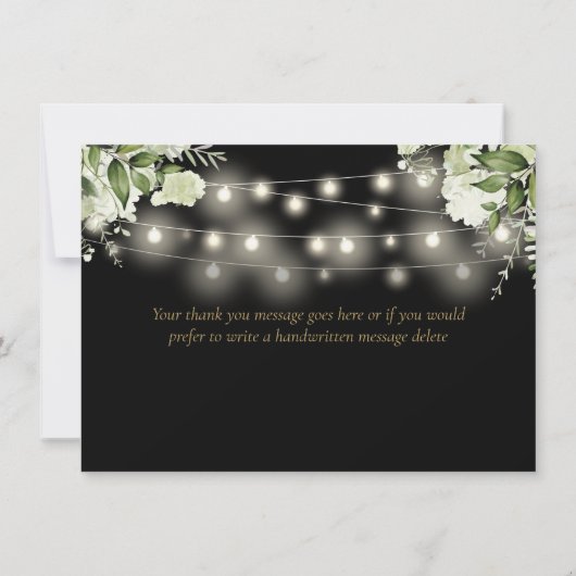 Zwart en Goud Bloemen Groen String Lichten Bedankkaart (Achterkant)