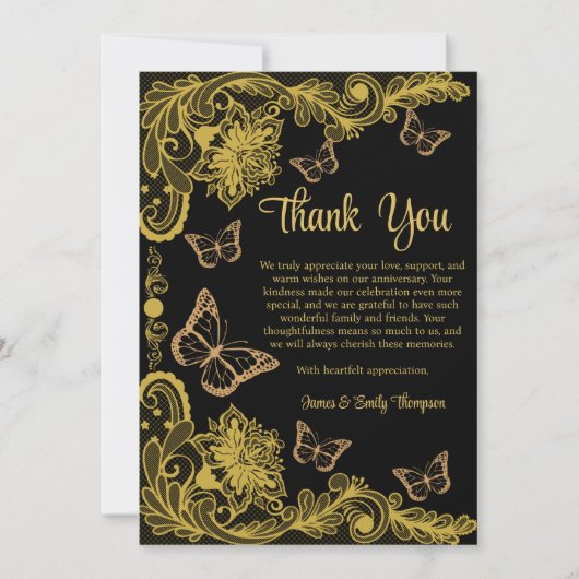 Zwart en Goud Bloemen Kant Trouwen Jubileum Bedankkaart (Voorkant)