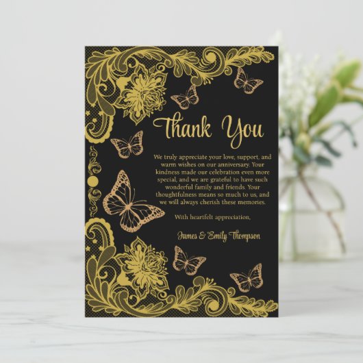 Zwart en Goud Bloemen Kant Trouwen Jubileum Bedankkaart (Staand voorkant)