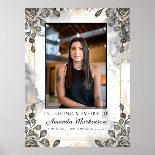 Zwart en Goud Bloemen Marmer Liefdevolle Geheugen  Poster (Voorkant)