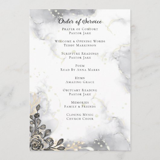 Zwart en Goud Bloemen Marmer Order of Service Programmakaart (Achterkant)