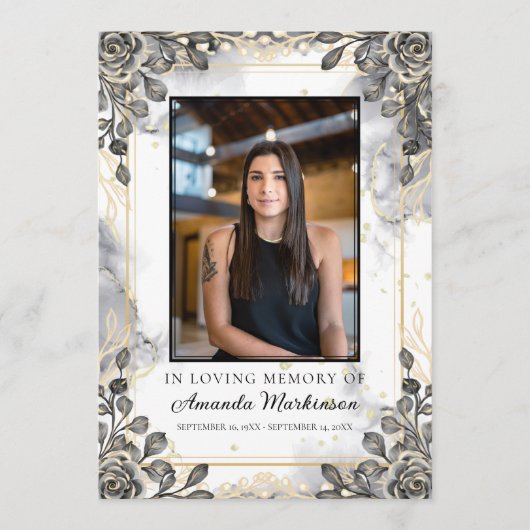 Zwart en Goud Bloemen Marmer Order of Service Programmakaart (Voorkant)