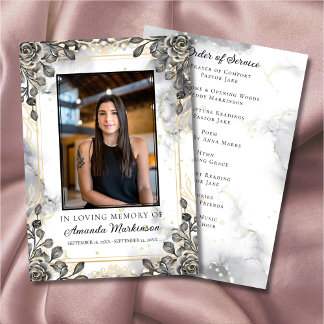 Zwart en Goud Bloemen Marmer Order of Service Programmakaart