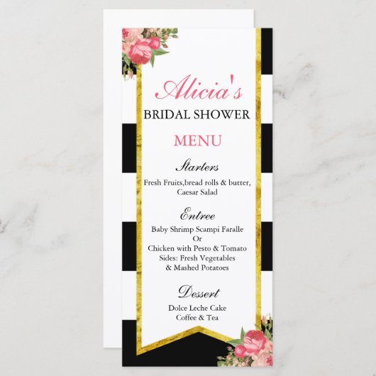 Zwart en Goud Bloemen Menu Kaarten (Voorkant / Achterkant)