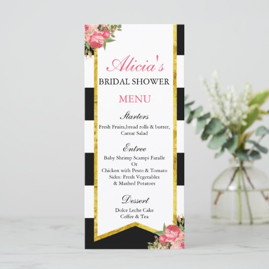 Zwart en Goud Bloemen Menu Kaarten (Staand voorkant)