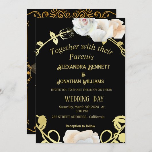 Zwart en Goud Bloemen Moderne Boho Huwelijk Kaart (Voorkant / Achterkant)