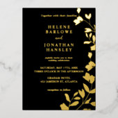 Zwart en Goud Bloemen Moderne Elegante Huwelijk Folie Uitnodiging (Voorkant)