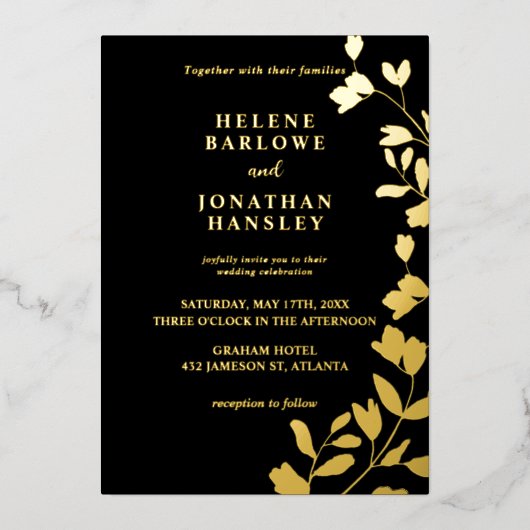 Zwart en Goud Bloemen Moderne Elegante Huwelijk Folie Uitnodiging (Voorkant)
