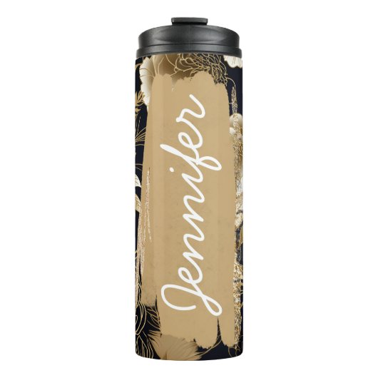 Zwart en Goud Bloemen Naam toevoegen Aangepaste Gi Thermosbeker (Voorkant)