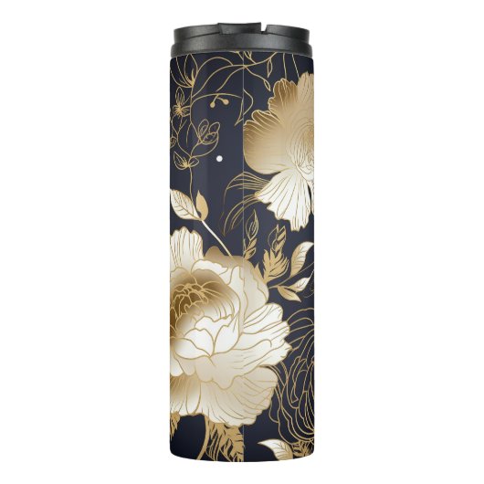 Zwart en Goud Bloemen Naam toevoegen Aangepaste Gi Thermosbeker (Achterkant)