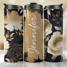 Zwart en Goud Bloemen Naam toevoegen Aangepaste Gi Thermosbeker