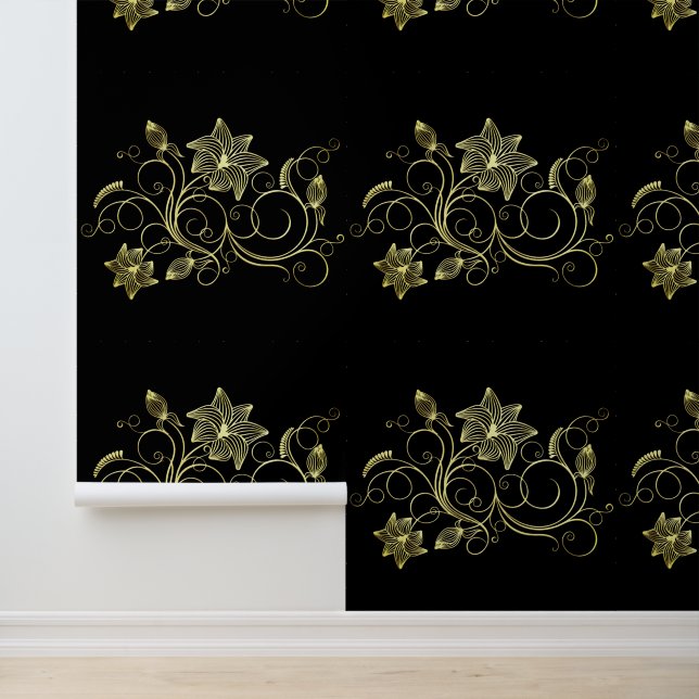 Zwart en Goud Bloemen Ornamenten Aangepaste kleur Behang (Applicatie)