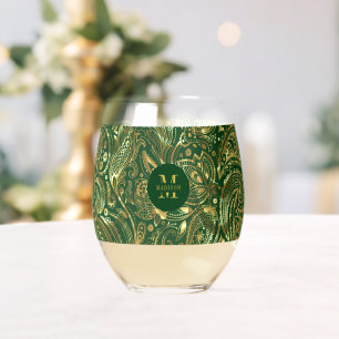 Zwart en Goud Bloemen Paisley Monogram Wijnglas Zonder Voet