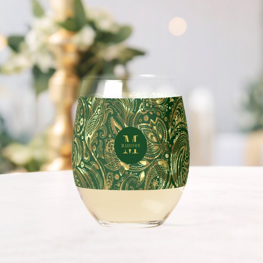 Zwart en Goud Bloemen Paisley Monogram Wijnglas Zonder Voet (Insitu (Huwelijk))