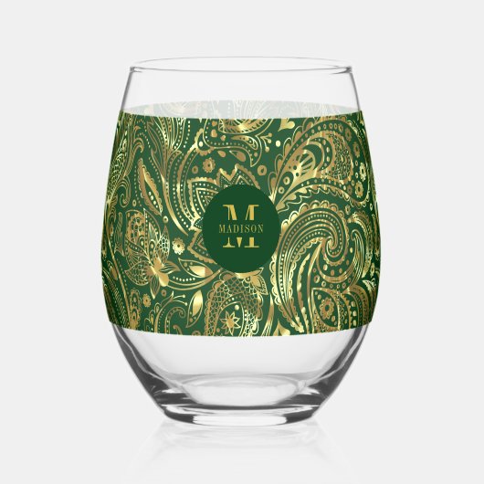 Zwart en Goud Bloemen Paisley Monogram Wijnglas Zonder Voet (Achterkant)