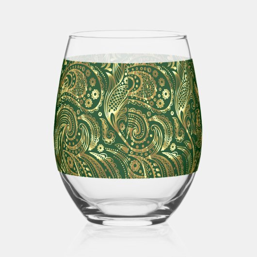 Zwart en Goud Bloemen Paisley Monogram Wijnglas Zonder Voet (Rechts)